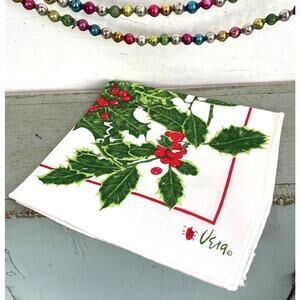 Vintage Vera Neumann Linen Napkin Christmas Holly Rolled Hem Ladybug Logo Set 5